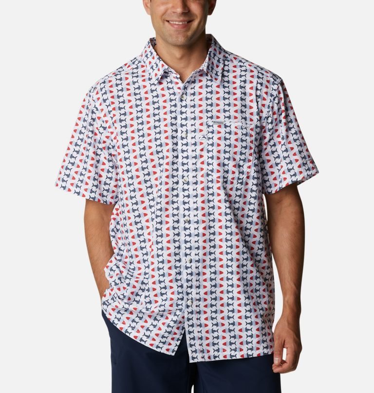 Men\'s Columbia PFG Super Slack Tide Camp Shirts White / Red / Blue | CA-YA1C4