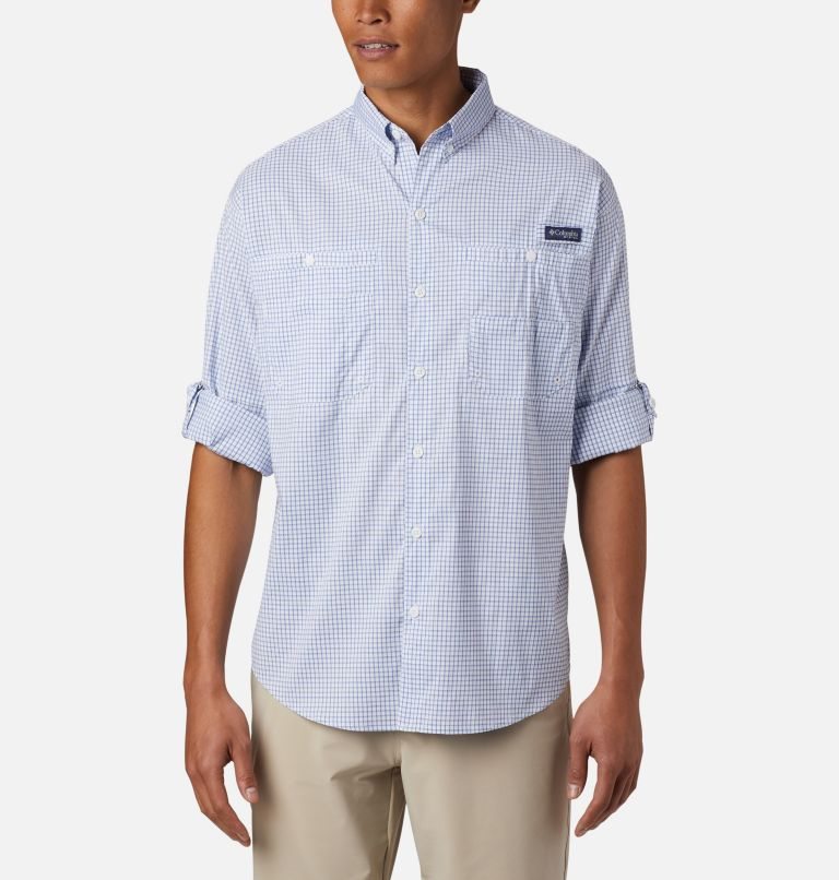 Men's Columbia PFG Super Tamiami Long Sleeve Shirts White / Blue | CA-M416C