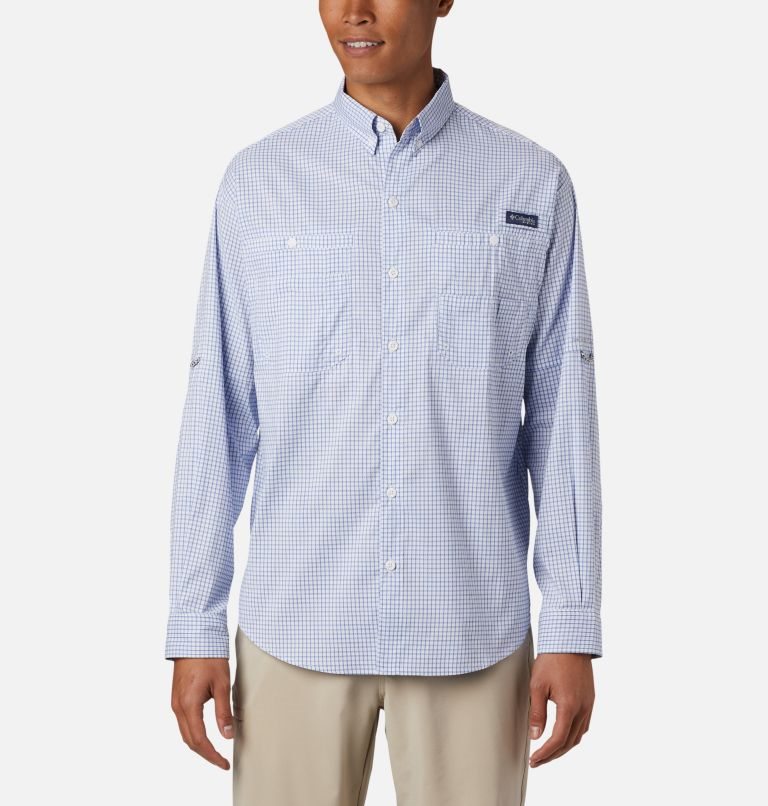 Men\'s Columbia PFG Super Tamiami Long Sleeve Shirts White / Blue | CA-M416C