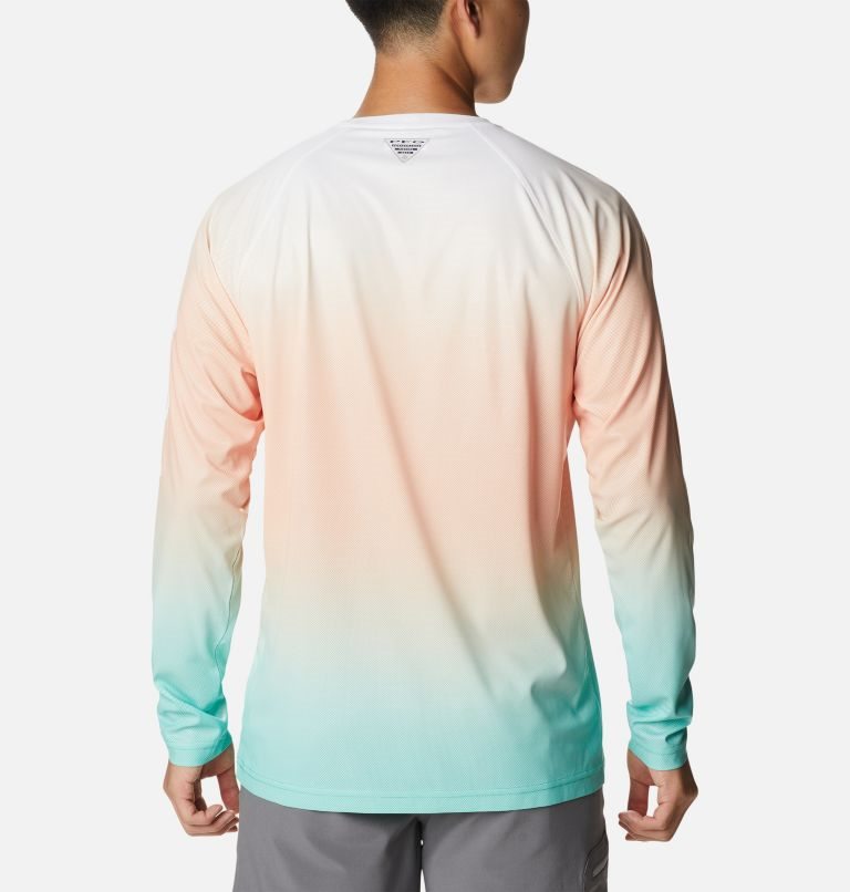 Men's Columbia PFG Terminal Deflector Printed Long Sleeve Sweatshirts Coral / Turquoise | CA-SA810