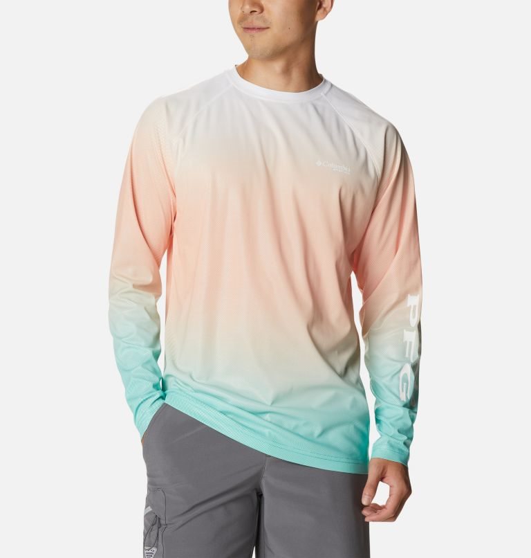 Men\'s Columbia PFG Terminal Deflector Printed Long Sleeve Sweatshirts Coral / Turquoise | CA-SA810