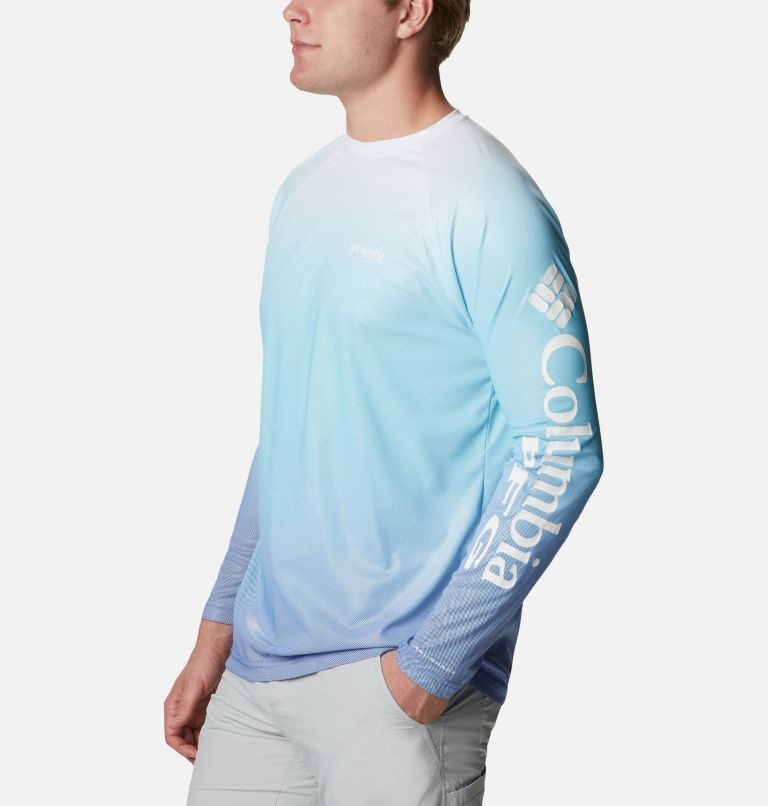 Men's Columbia PFG Terminal Deflector Printed Long Sleeve Sweatshirts Blue | CA-TA361