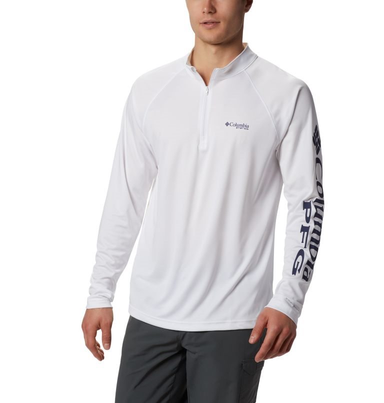 Men\'s Columbia PFG Terminal Tackle 1/4 Zip Sweatshirts White | CA-GL85A