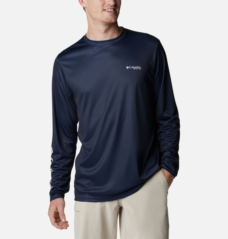 Men's Columbia PFG Terminal Tackle Americana Badge Long Sleeve Sweatshirts Navy | CA-AL564