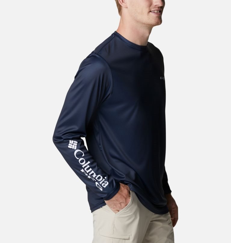 Men's Columbia PFG Terminal Tackle Americana Badge Long Sleeve Sweatshirts Navy | CA-AL564