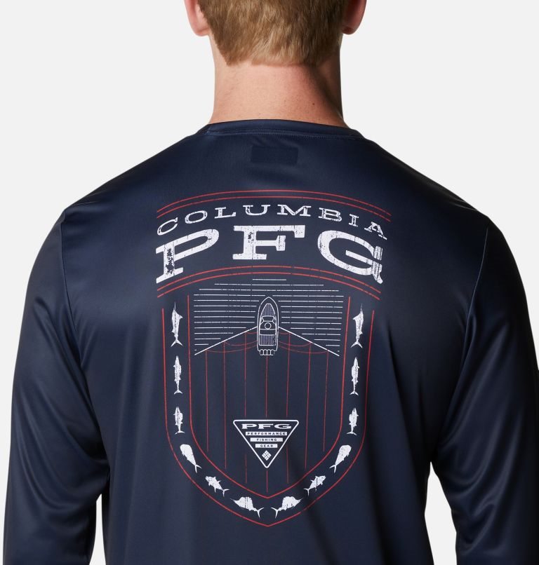 Men's Columbia PFG Terminal Tackle Americana Badge Long Sleeve Sweatshirts Navy | CA-AL564