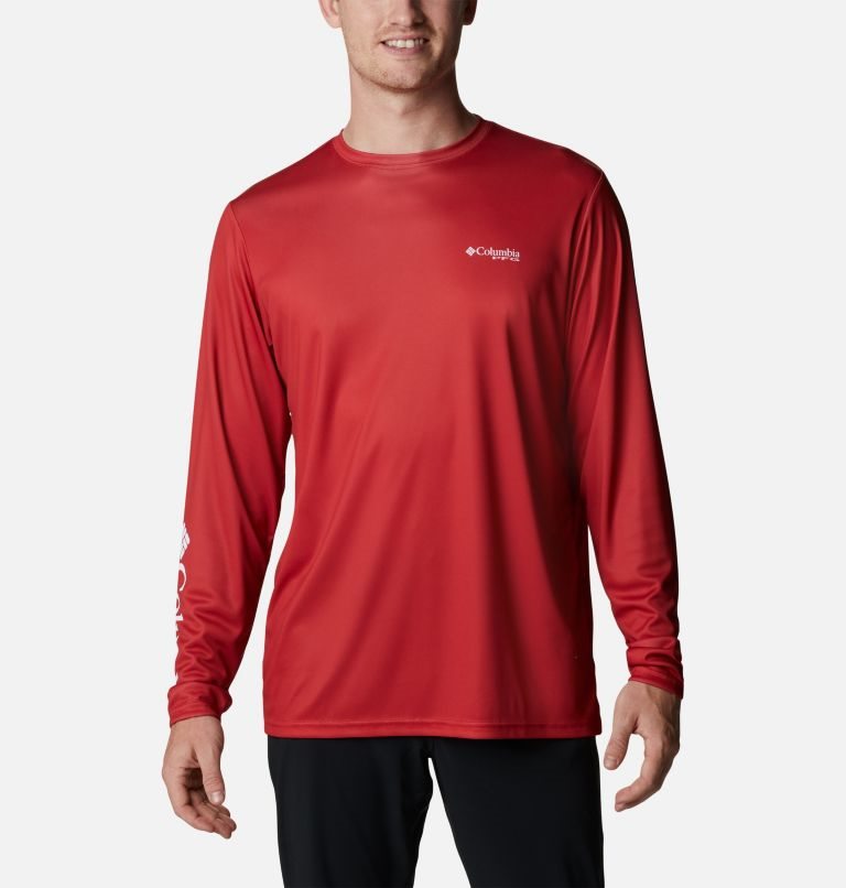 Men's Columbia PFG Terminal Tackle Americana Badge Long Sleeve Sweatshirts Red | CA-JA3L8