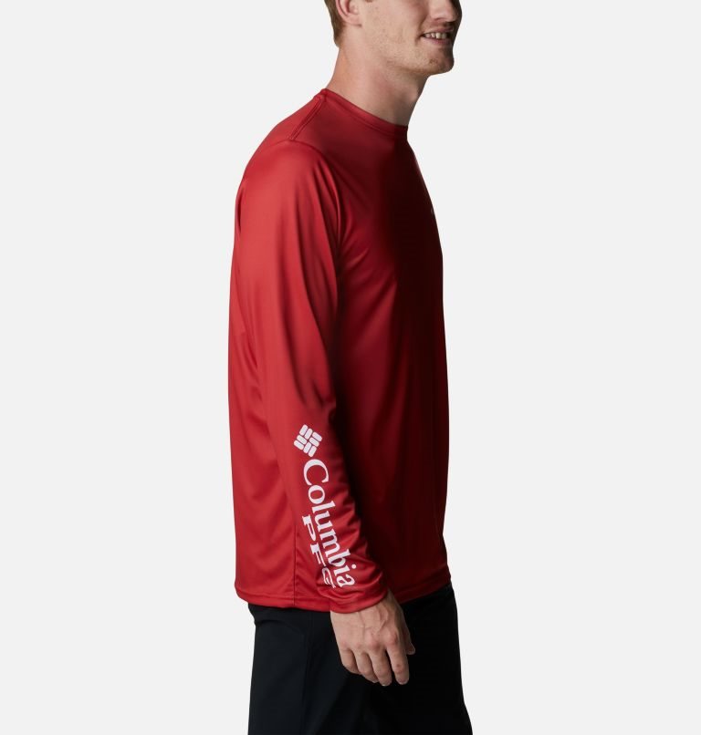 Men's Columbia PFG Terminal Tackle Americana Badge Long Sleeve Sweatshirts Red | CA-JA3L8