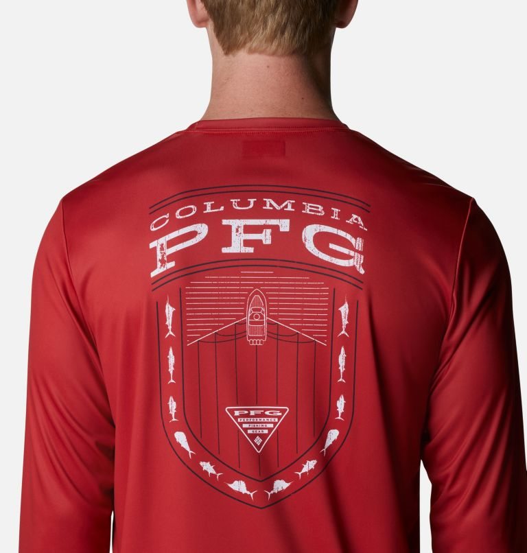 Men's Columbia PFG Terminal Tackle Americana Badge Long Sleeve Sweatshirts Red | CA-JA3L8