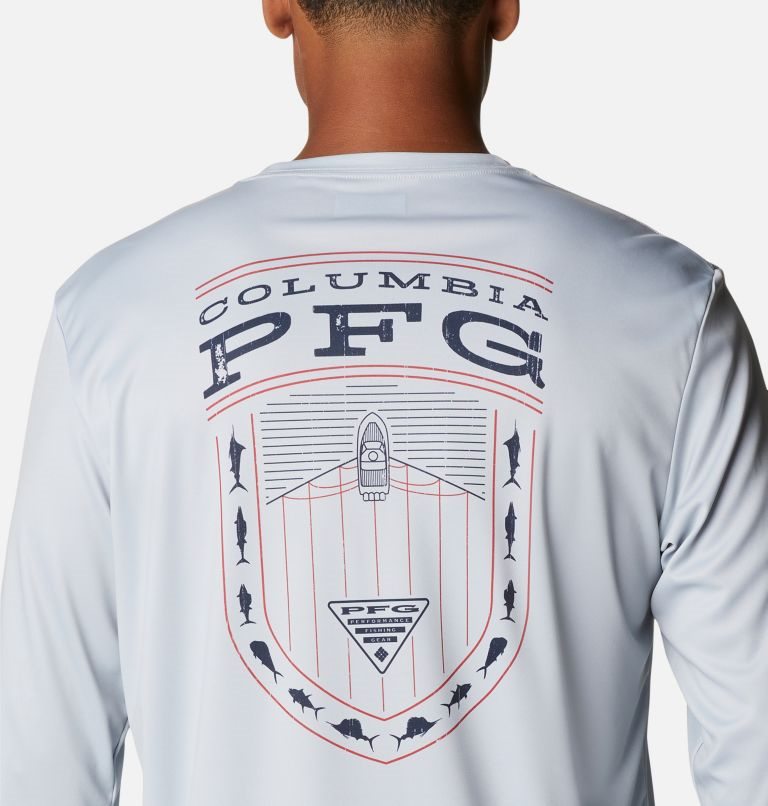 Men's Columbia PFG Terminal Tackle Americana Badge Long Sleeve Sweatshirts Light Grey | CA-X358A