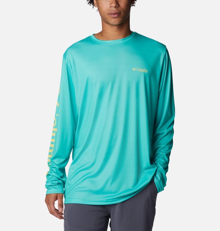 Men's Columbia PFG Terminal Tackle Carey Chen Long Sleeve Sweatshirts Turquoise | CA-Q8A30