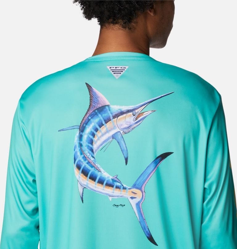 Men's Columbia PFG Terminal Tackle Carey Chen Long Sleeve Sweatshirts Turquoise | CA-Q8A30