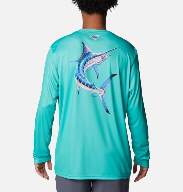 Men\'s Columbia PFG Terminal Tackle Carey Chen Long Sleeve Sweatshirts Turquoise | CA-Q8A30