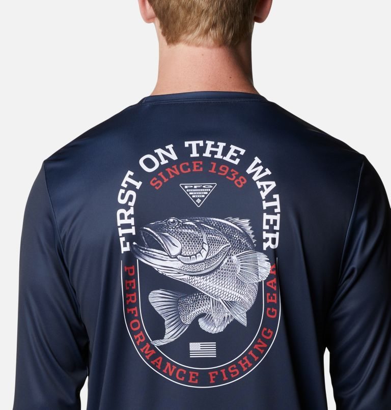 Men's Columbia PFG Terminal Tackle First On The Water Classic Long Sleeve Sweatshirts Navy | CA-H6AL3