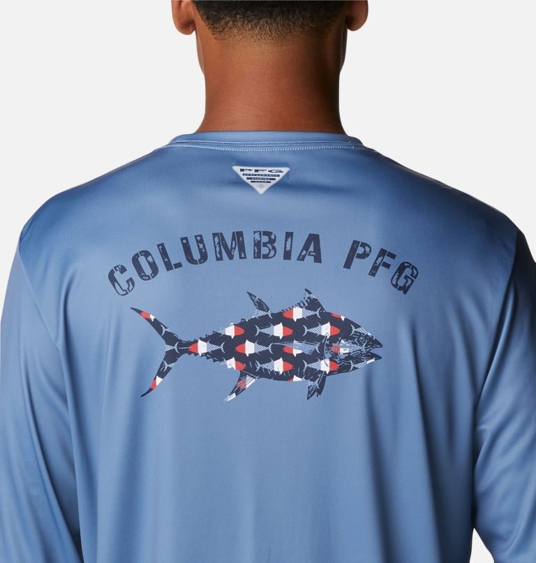 Men's Columbia PFG Terminal Tackle Fish Fill Long Sleeve Sweatshirts Blue | CA-NAL0C