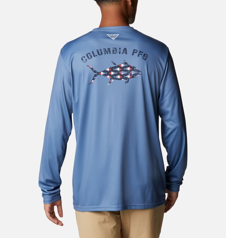 Men\'s Columbia PFG Terminal Tackle Fish Fill Long Sleeve Sweatshirts Blue | CA-NAL0C