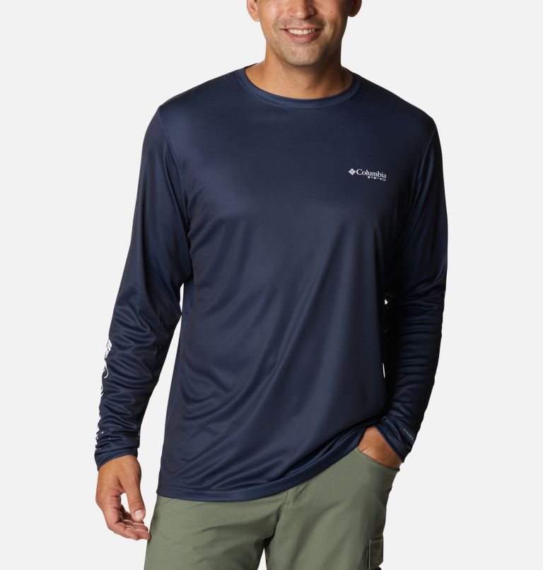 Men's Columbia PFG Terminal Tackle License Plate Long Sleeve Sweatshirts Navy | CA-I1453