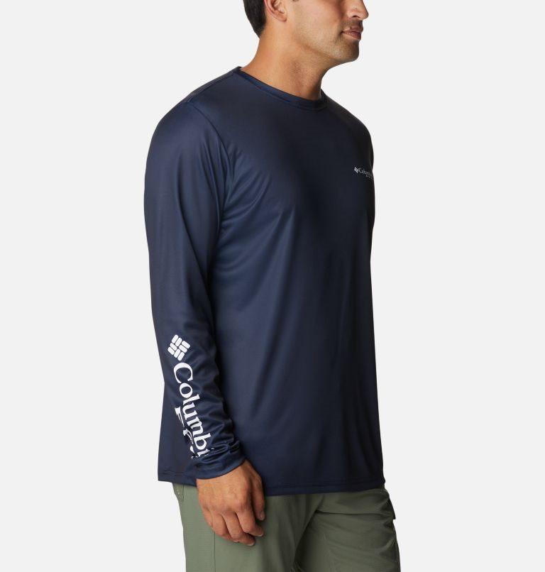 Men's Columbia PFG Terminal Tackle License Plate Long Sleeve Sweatshirts Navy | CA-I1453