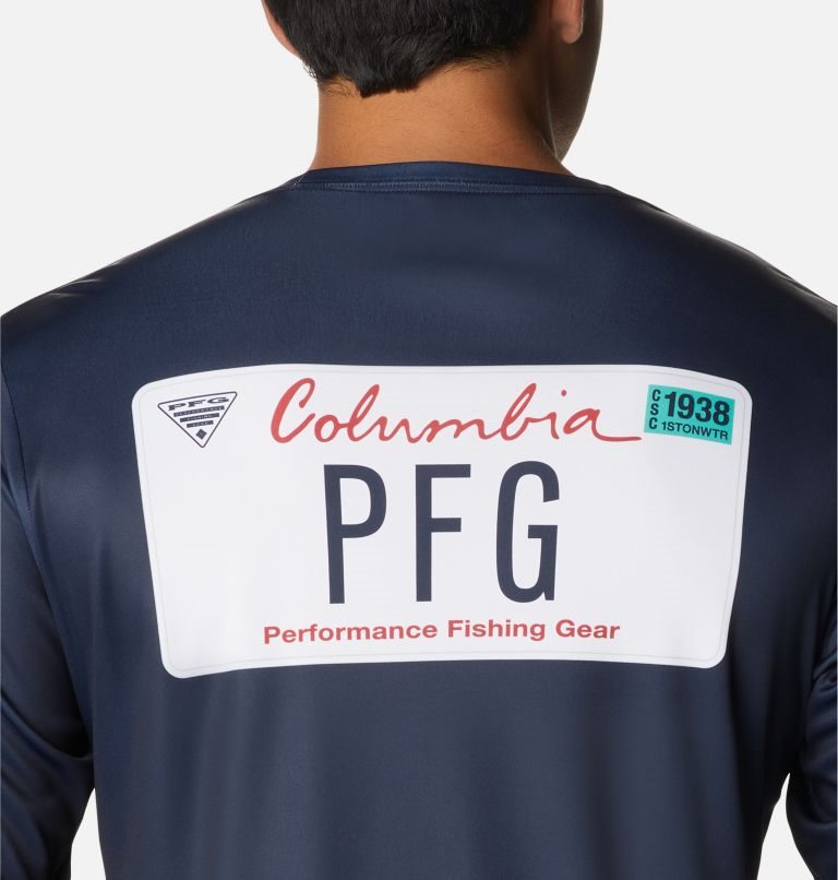 Men's Columbia PFG Terminal Tackle License Plate Long Sleeve Sweatshirts Navy | CA-I1453