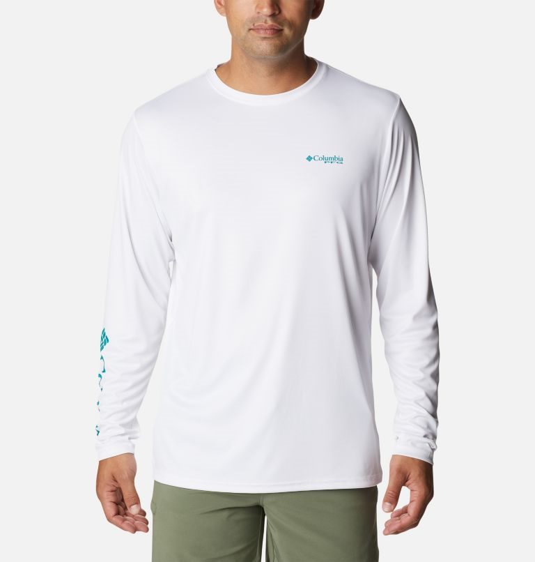 Men's Columbia PFG Terminal Tackle License Plate Long Sleeve Sweatshirts White | CA-L0L4A