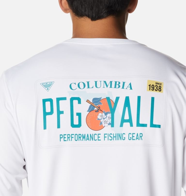 Men's Columbia PFG Terminal Tackle License Plate Long Sleeve Sweatshirts White | CA-L0L4A