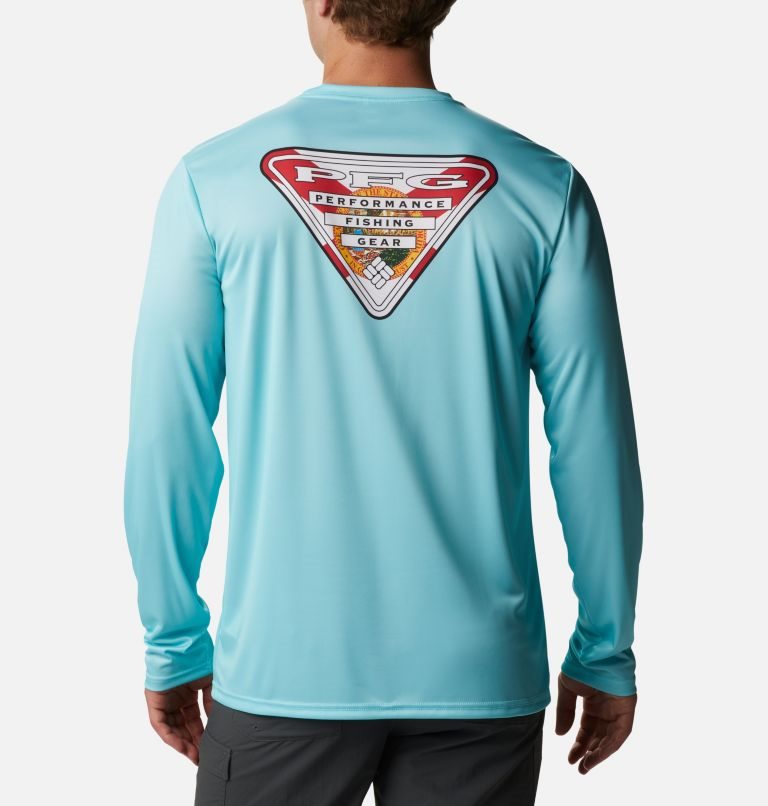 Men\'s Columbia PFG Terminal Tackle State Triangle Long Sleeve Sweatshirts Turquoise | CA-OLC13