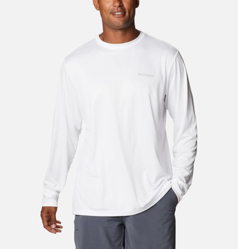 Men's Columbia PFG Terminal Tackle State Triangle Long Sleeve Sweatshirts White | CA-WA541