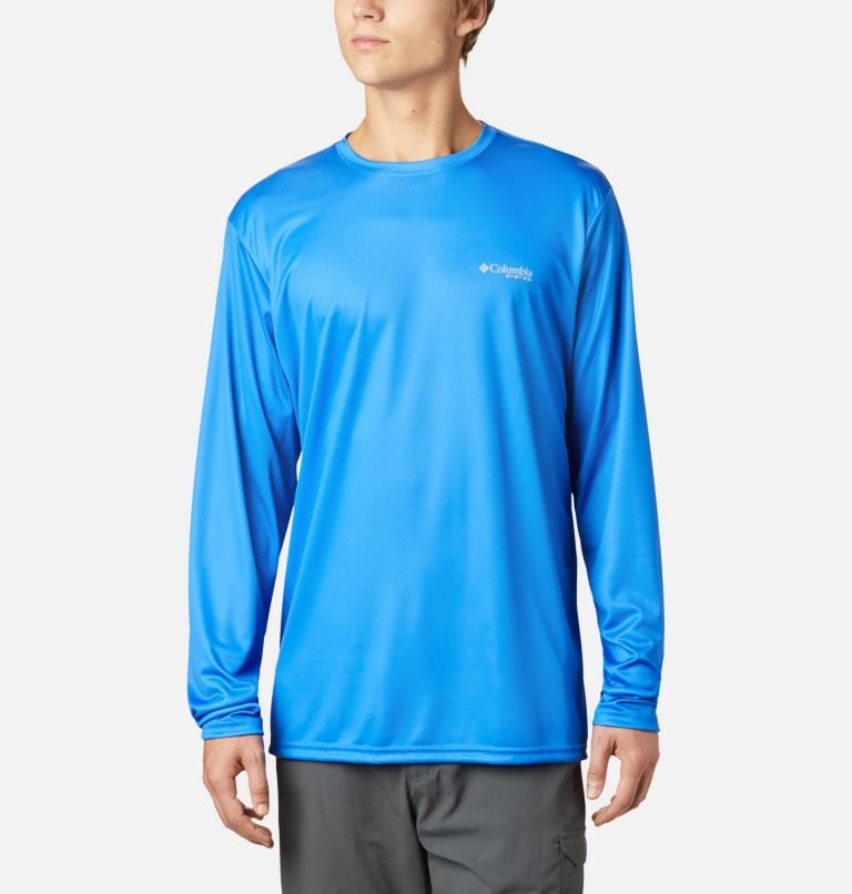 Men's Columbia PFG Terminal Tackle State Triangle Long Sleeve Sweatshirts Blue | CA-ZC8A3