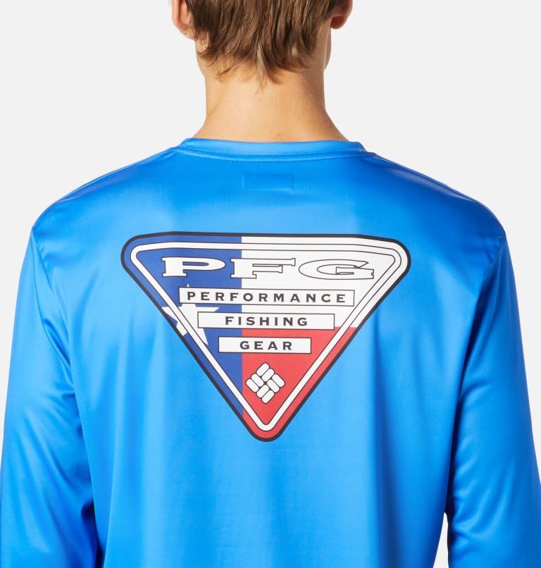 Men's Columbia PFG Terminal Tackle State Triangle Long Sleeve Sweatshirts Blue | CA-ZC8A3