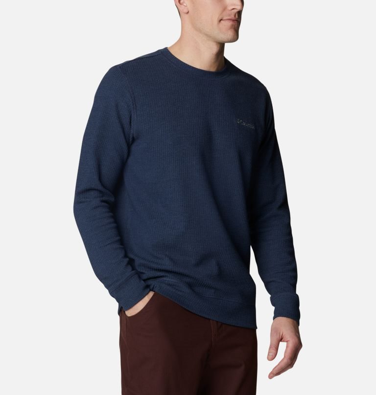 Men's Columbia Pine Peak Waffle Long Sleeve Crew Sweatshirts Navy | CA-C6A31