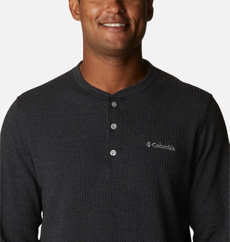 Men's Columbia Pine Peak Waffle Long Sleeve Henley Sweatshirts Black | CA-CA638