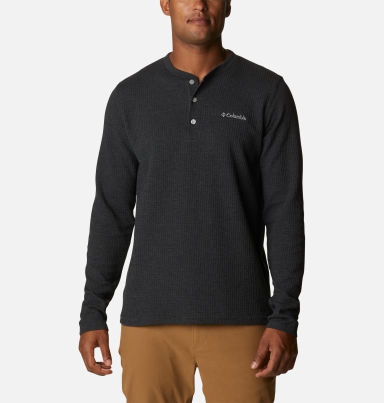 Men\'s Columbia Pine Peak Waffle Long Sleeve Henley Sweatshirts Black | CA-CA638