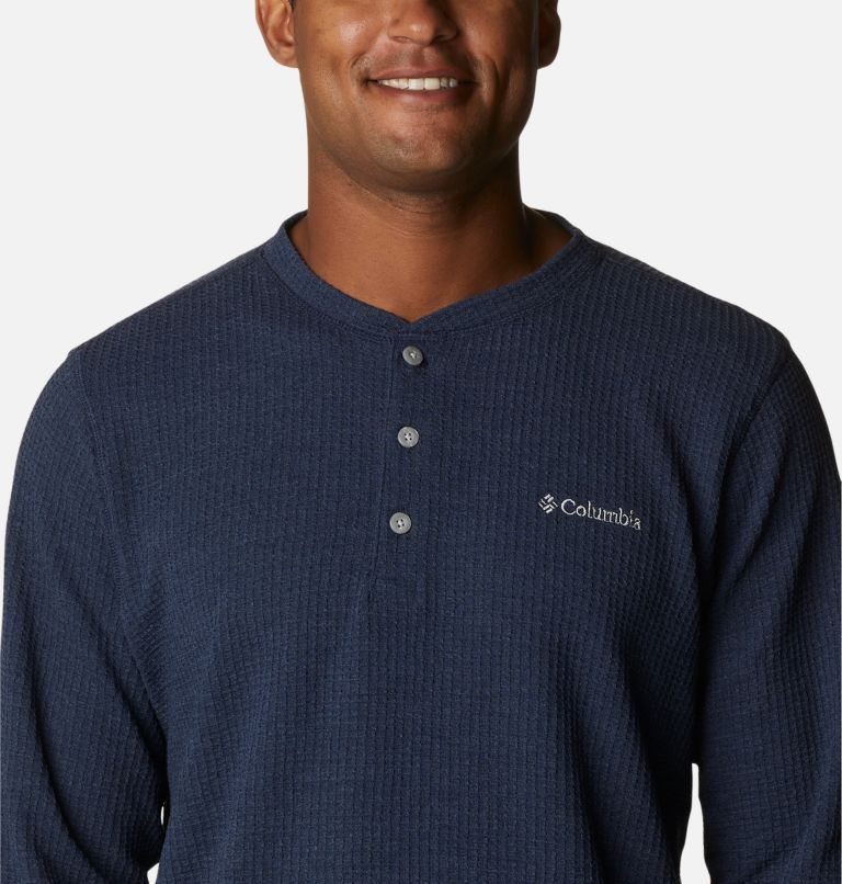 Men's Columbia Pine Peak Waffle Long Sleeve Henley Sweatshirts Navy | CA-OA61C