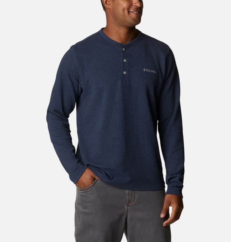 Men's Columbia Pine Peak Waffle Long Sleeve Henley Sweatshirts Navy | CA-OA61C