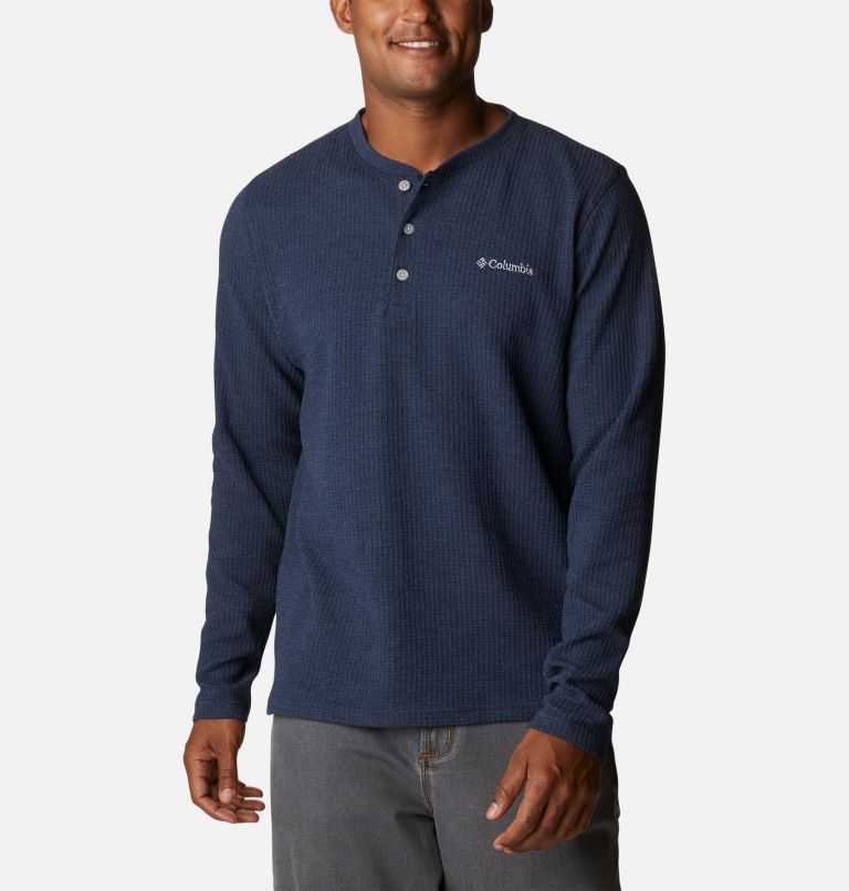 Men\'s Columbia Pine Peak Waffle Long Sleeve Henley Sweatshirts Navy | CA-OA61C