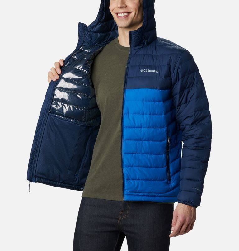 Men's Columbia Powder Lite Hooded Insulated Jackets Navy | CA-B4805