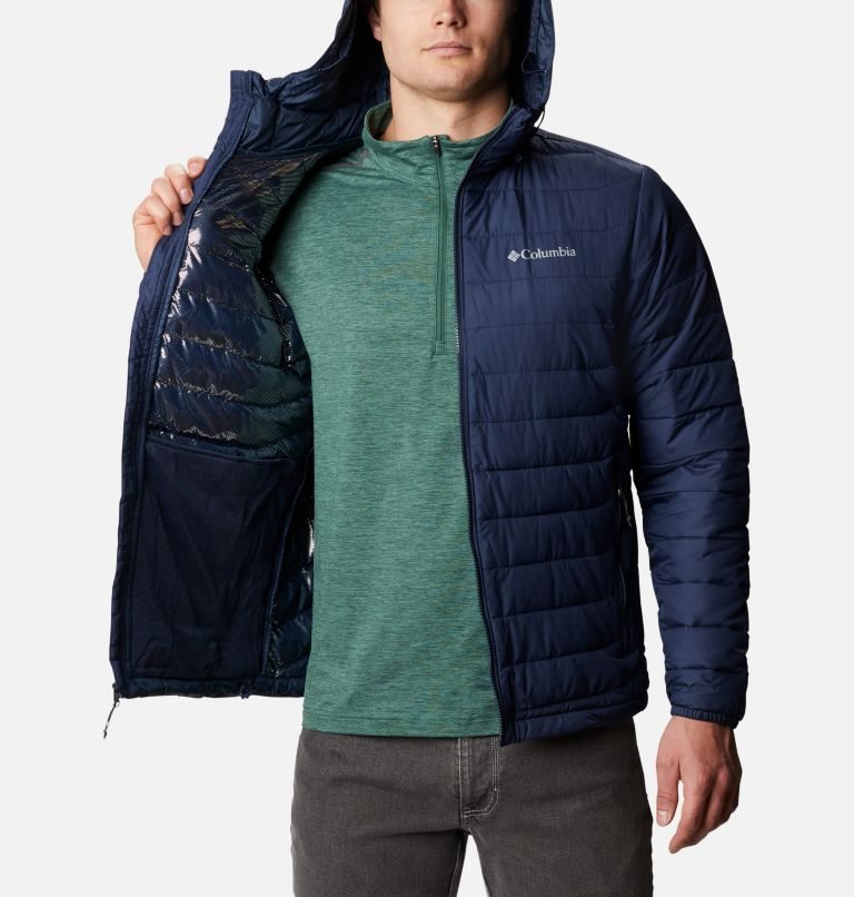 Men's Columbia Powder Lite Hooded Insulated Jackets Navy | CA-I3A1C