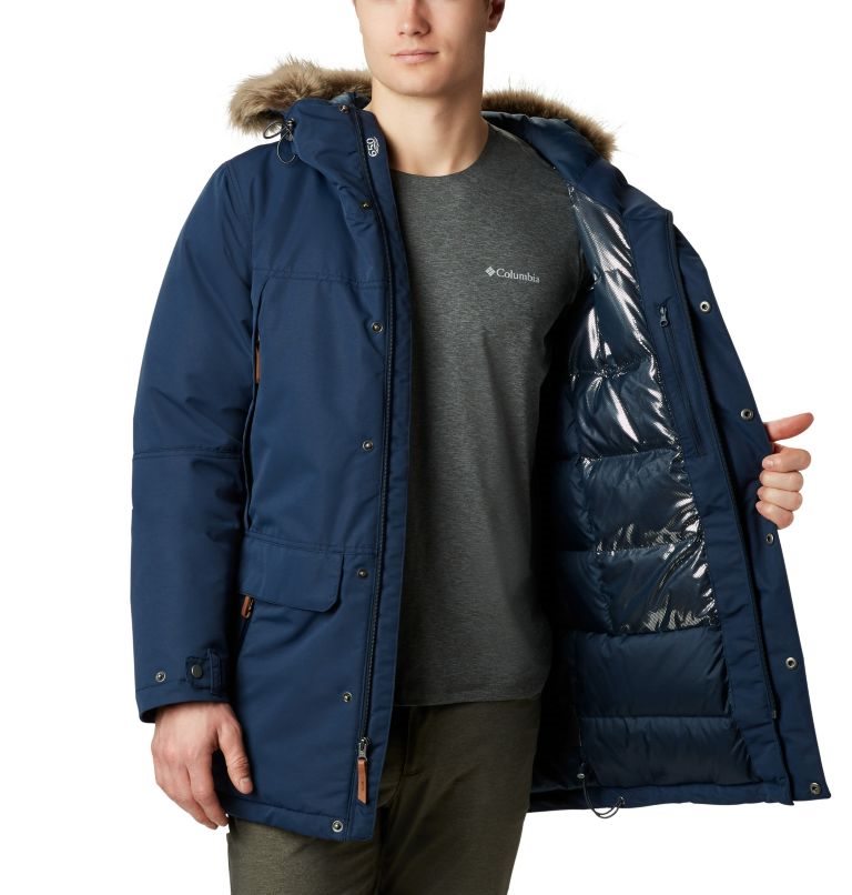 Men's Columbia South Canyon Long Down Jackets Navy | CA-V4AC5