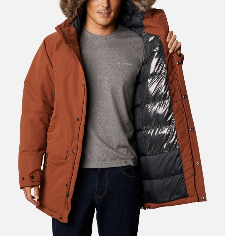 Men's Columbia South Canyon Long Down Jackets Brown | CA-Z304A