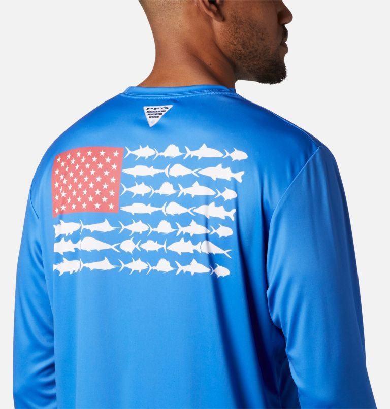 Men's Columbia Terminal Tackle PFG Fish Flag Long Sleeve Sweatshirts Blue | CA-V43L1