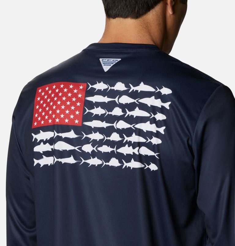 Men's Columbia Terminal Tackle PFG Fish Flag Long Sleeve Sweatshirts Navy | CA-Z1A45