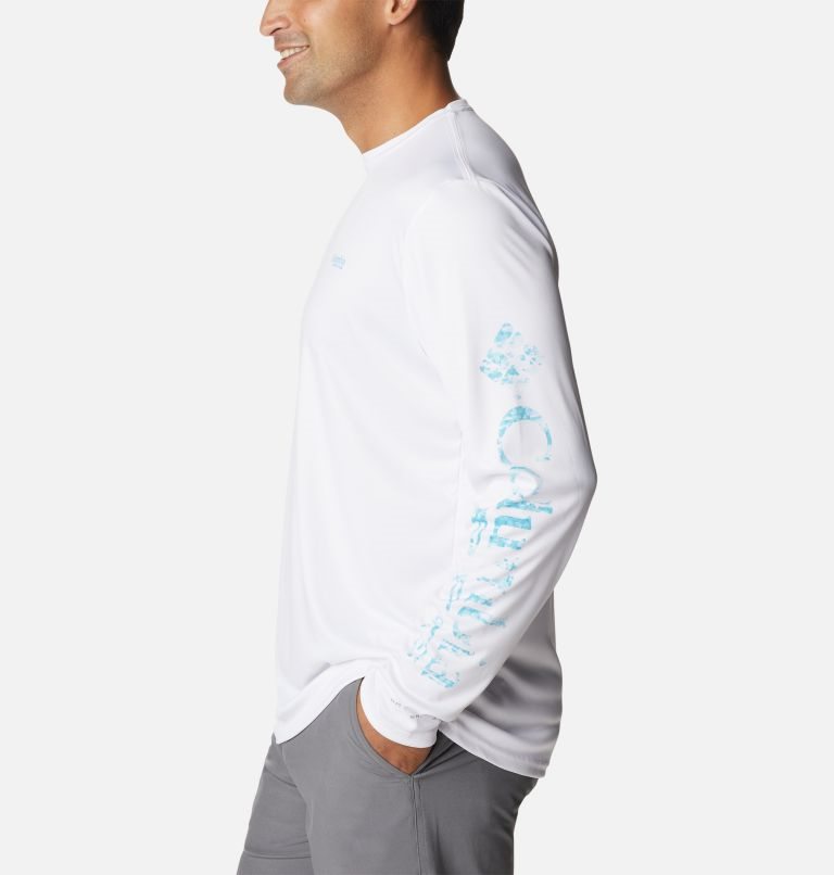 Men's Columbia Terminal Tackle PFG Logo Print Long Sleeve Sweatshirts White | CA-L5A34