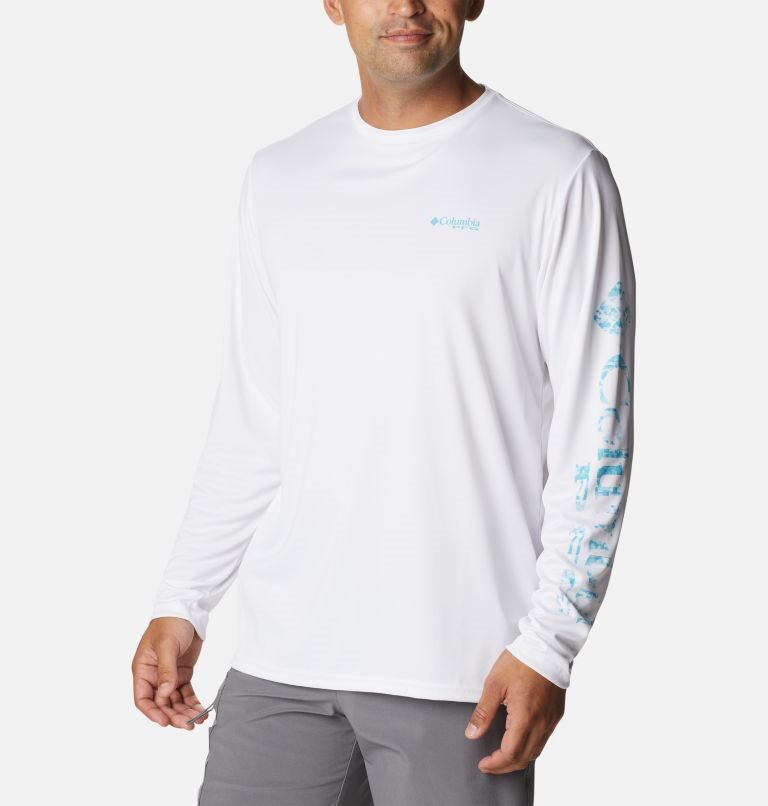 Men's Columbia Terminal Tackle PFG Logo Print Long Sleeve Sweatshirts White | CA-L5A34