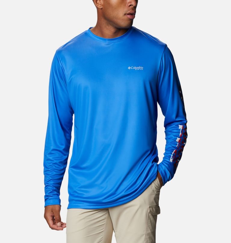 Men\'s Columbia Terminal Tackle PFG Logo Print Long Sleeve Sweatshirts Blue | CA-MC314