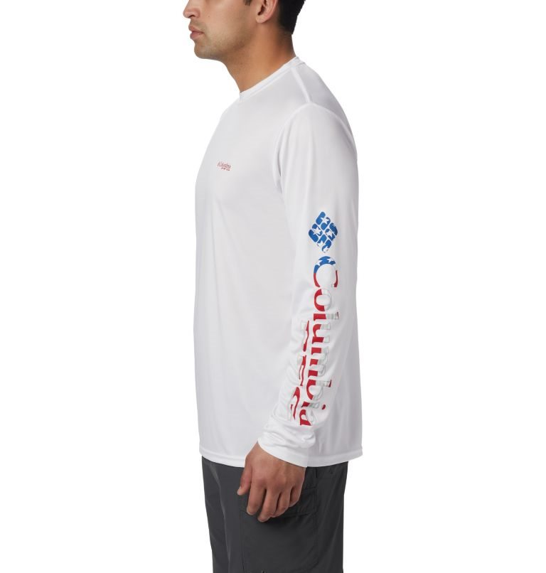 Men's Columbia Terminal Tackle PFG Logo Print Long Sleeve Sweatshirts White | CA-N6541