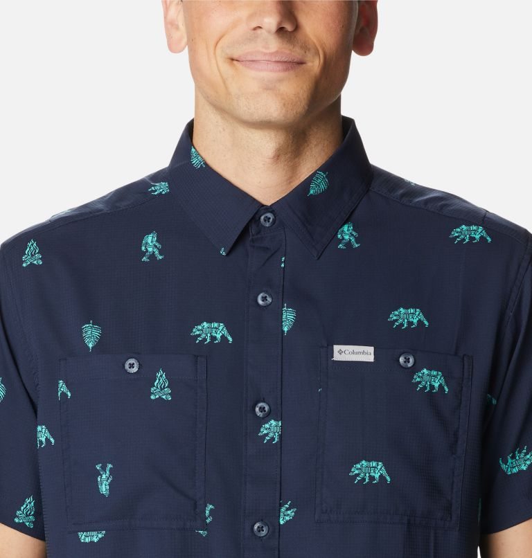 Men's Columbia Utilizer Printed Woven Short Sleeve Shirts Navy | CA-Q48L1