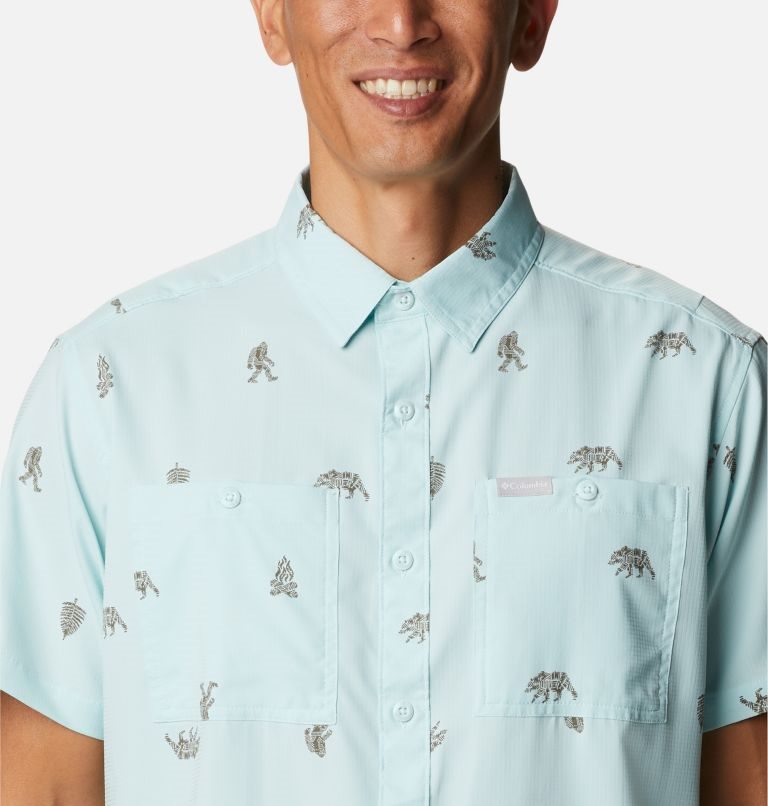 Men's Columbia Utilizer Printed Woven Short Sleeve Shirts Turquoise | CA-V546A