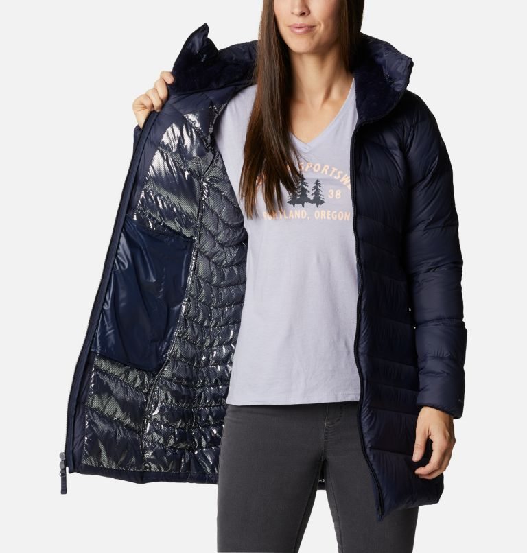 Women's Columbia Autumn Park Hooded Mid Down Jackets Navy | CA-E6843