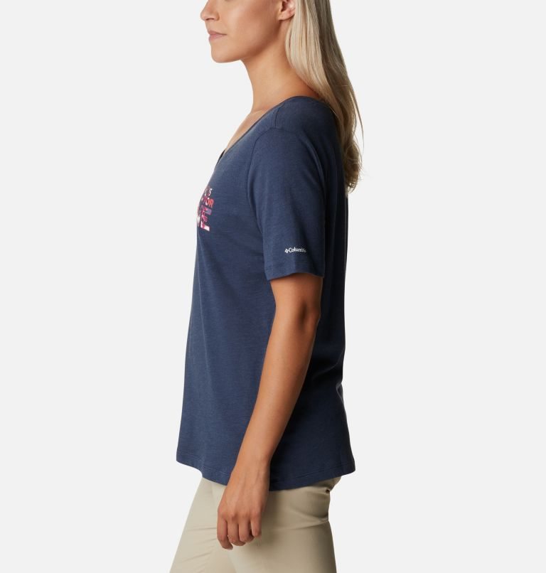 Women's Columbia Bluebird Day Relaxed V-Neck T Shirts Navy | CA-J6C35