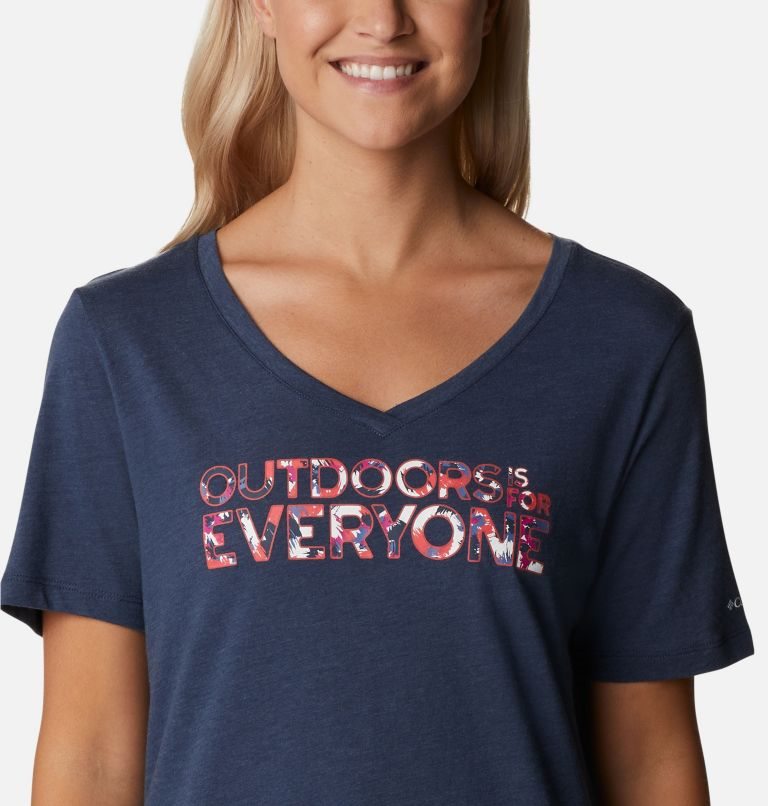 Women's Columbia Bluebird Day Relaxed V-Neck T Shirts Navy | CA-J6C35